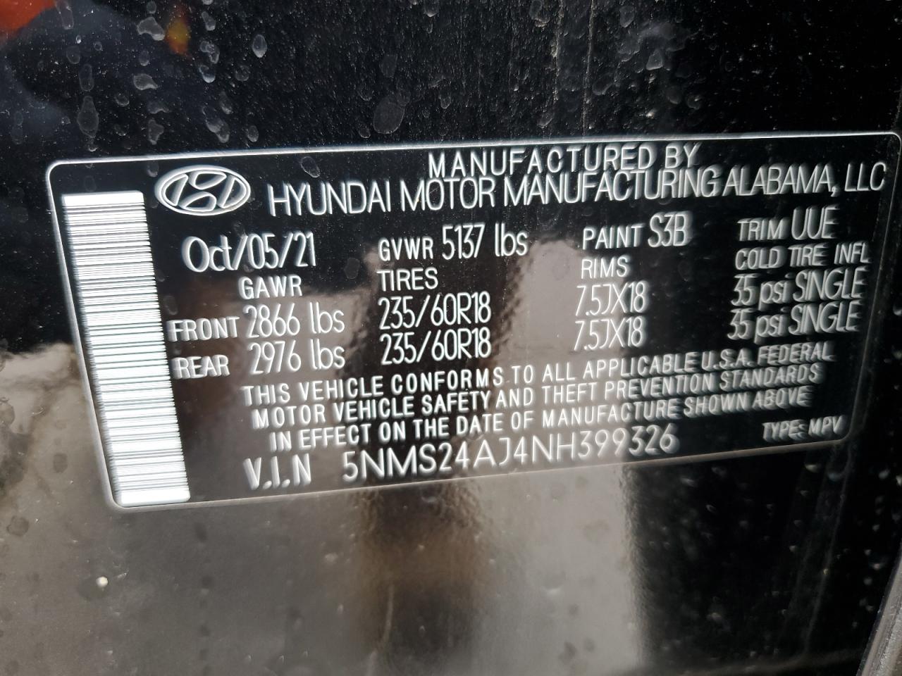 2022 HYUNDAI SANTA FE SEL VIN:5NMS24AJ4NH399326