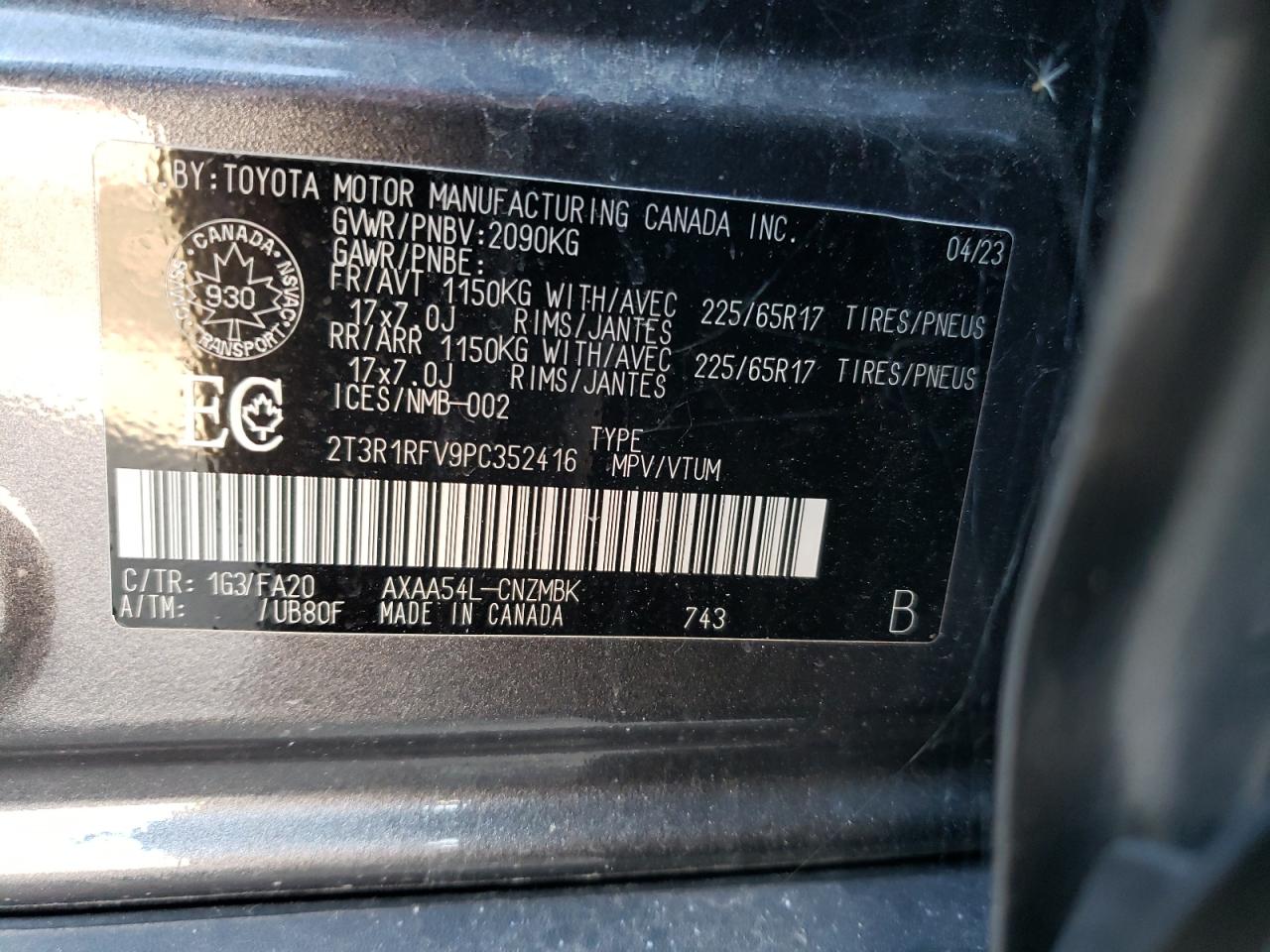 2023 TOYOTA RAV4 XLE VIN:2T3R1RFV9PC352416