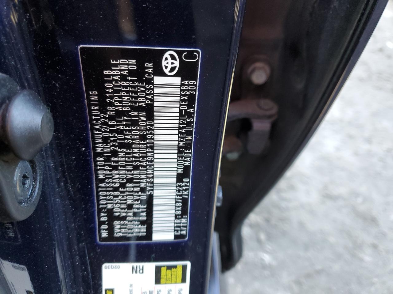 2022 TOYOTA COROLLA SE VIN:5YFS4MCE9NP109520