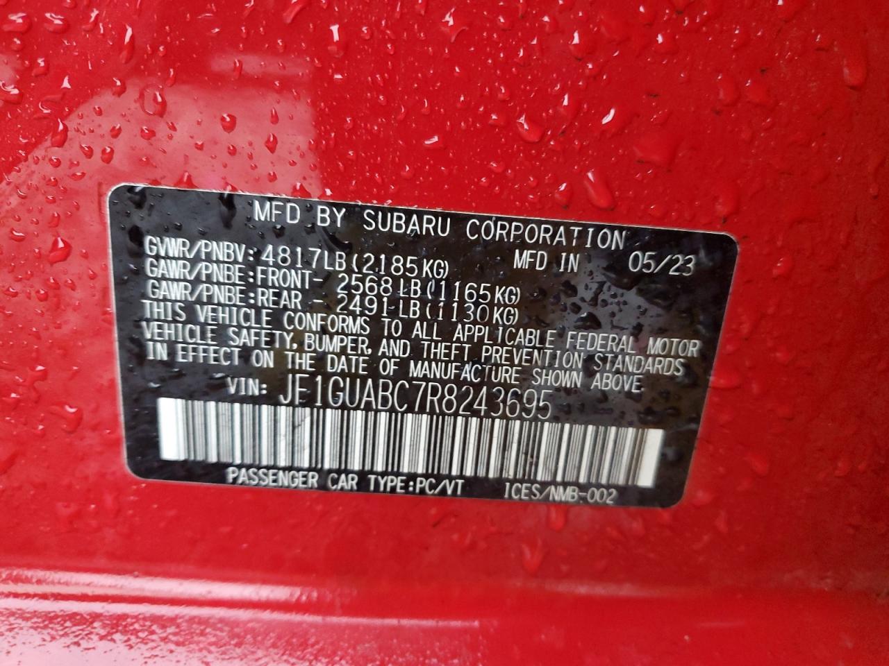 2024 SUBARU IMPREZA VIN:JF1GUABC7R8243695