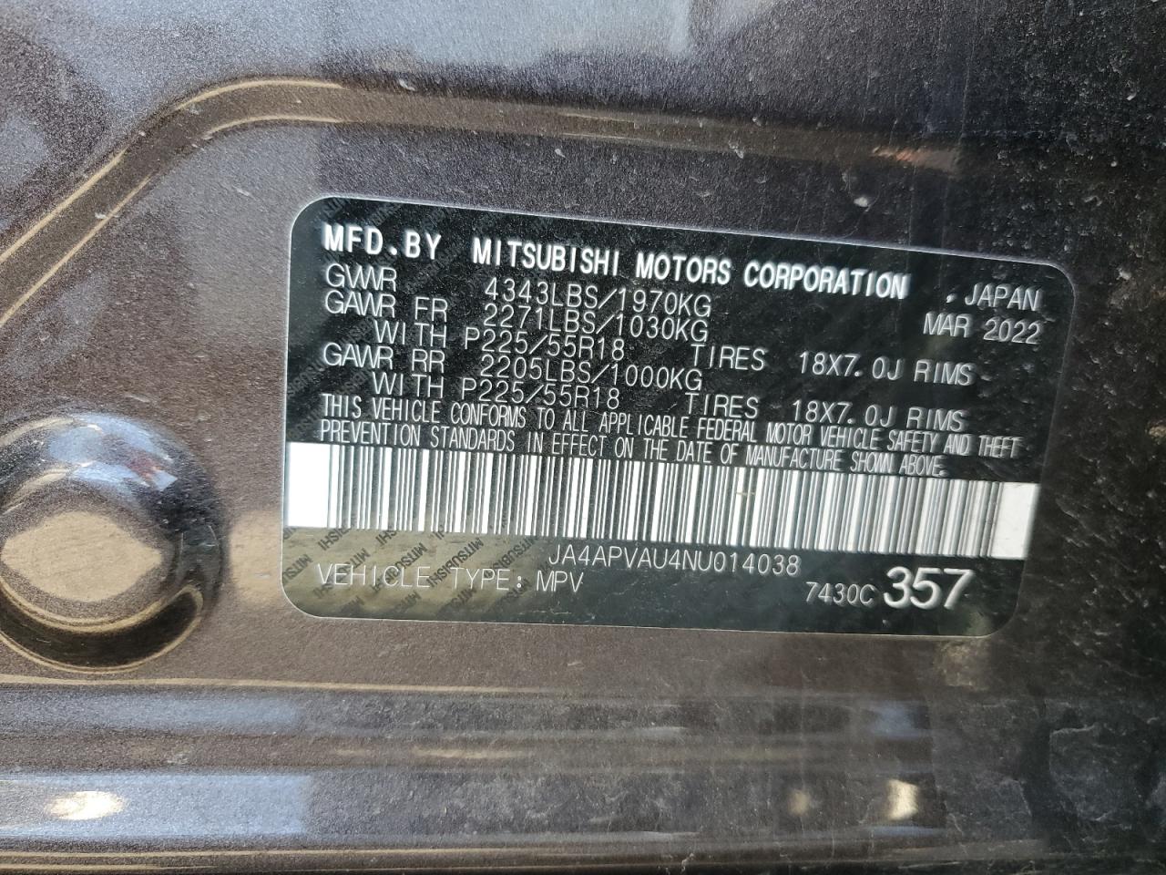 2022 MITSUBISHI OUTLANDER SPORT SE VIN:JA4APVAU4NU014038