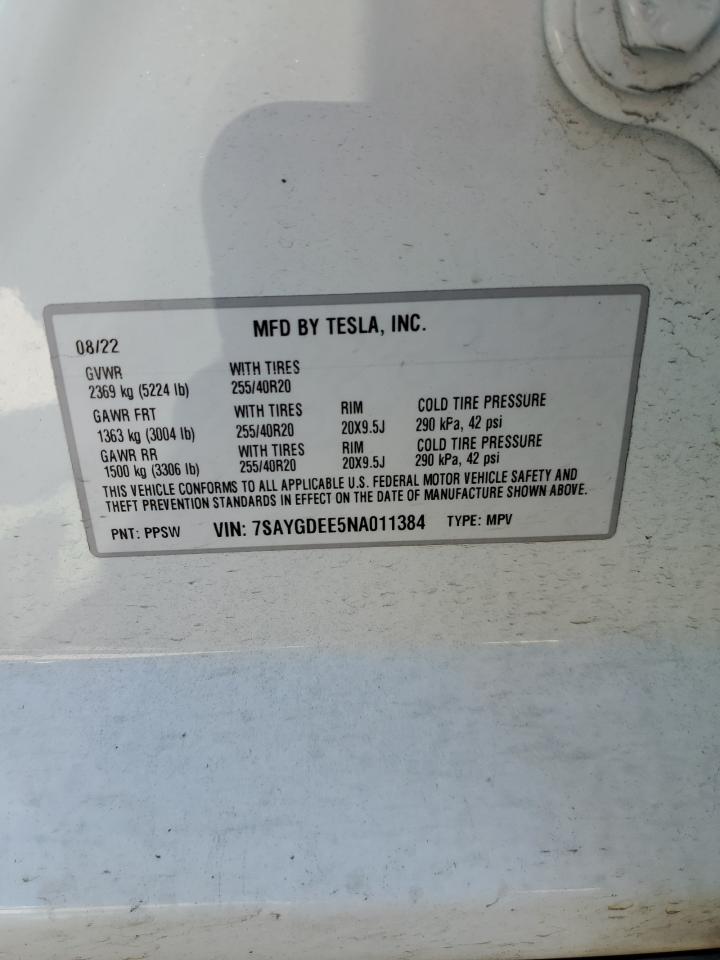 2022 TESLA MODEL Y VIN:7SAYGDEE5NA011384
