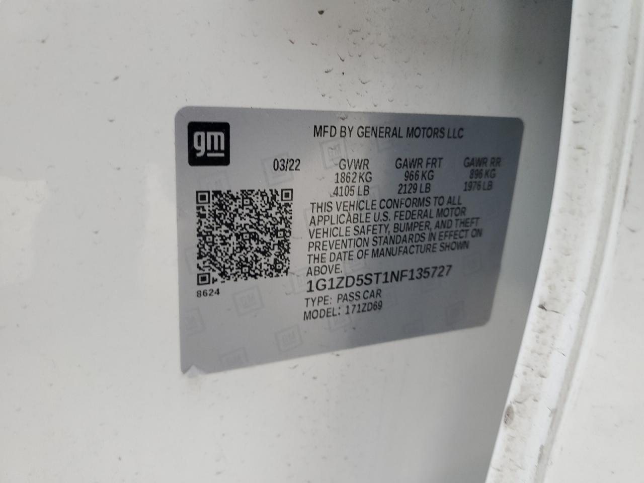 2022 CHEVROLET MALIBU LT VIN:1G1ZD5ST1NF135727