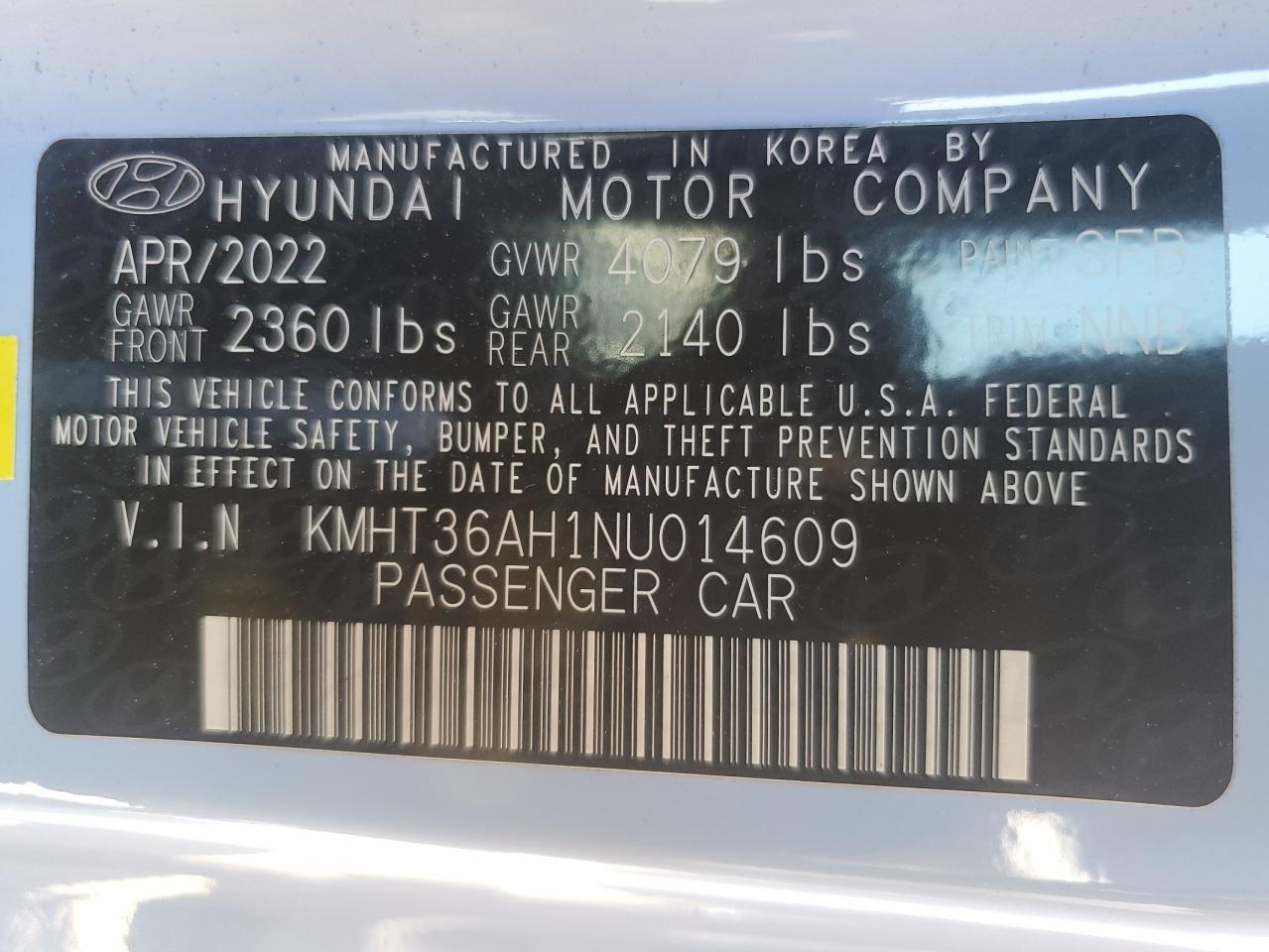 2022 HYUNDAI VELOSTER N VIN:KMHT36AH1NU014609