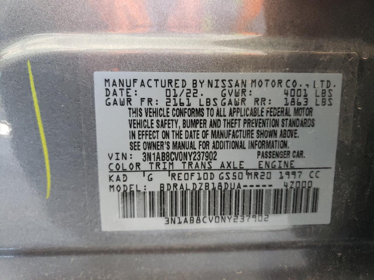 2022 NISSAN SENTRA SV VIN:3N1AB8CV0NY237902