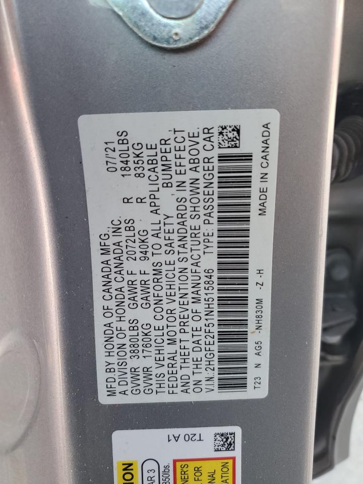 2022 HONDA CIVIC SPORT VIN:2HGFE2F51NH515846