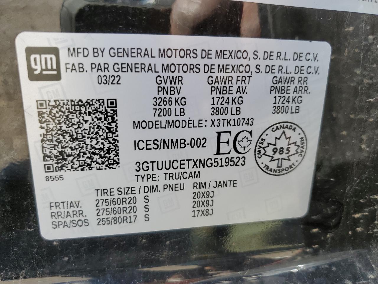 2022 GMC SIERRA K1500 ELEVATION VIN:3GTUUCETXNG519523
