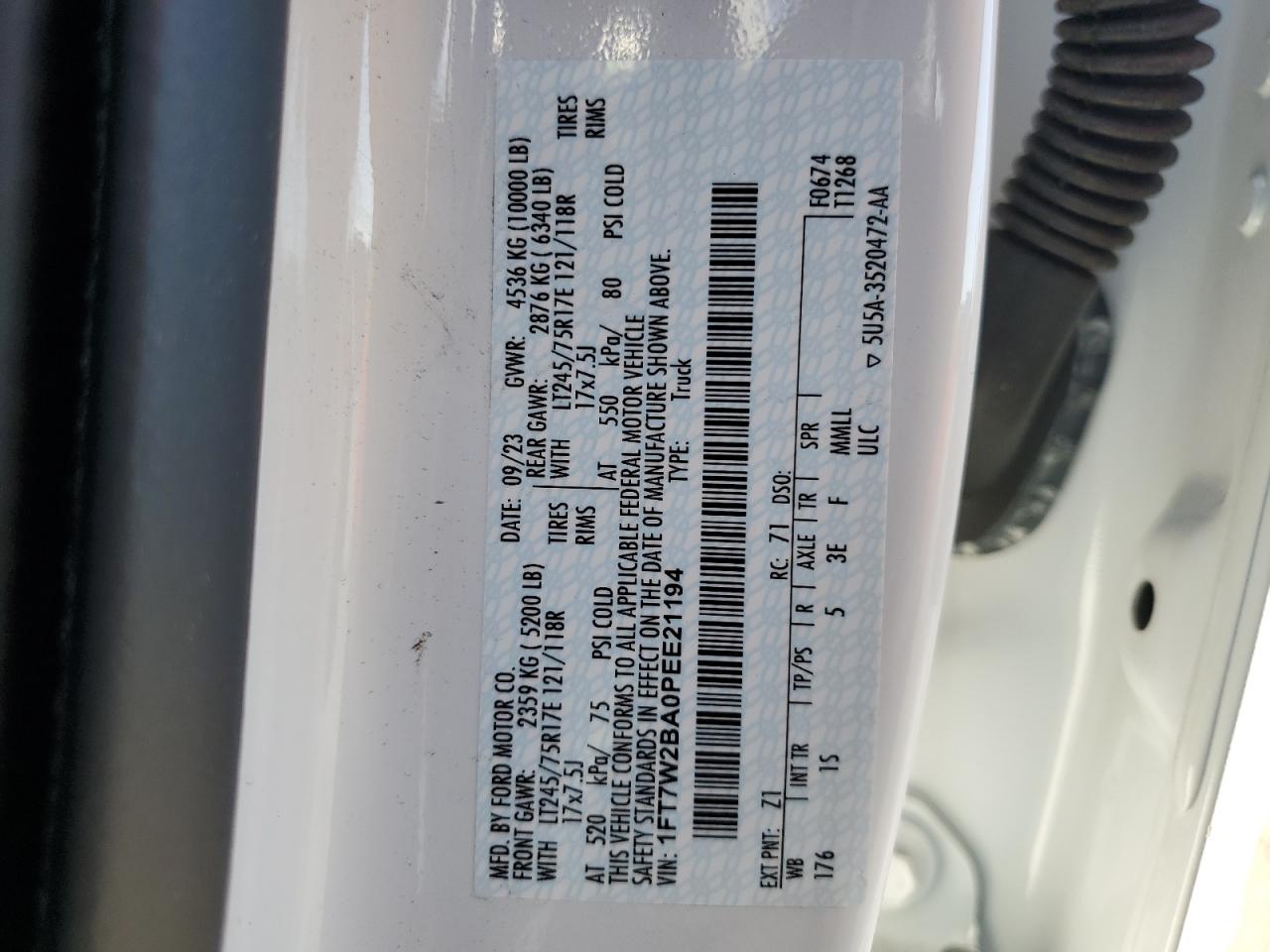 2023 FORD F250 SUPER DUTY VIN:1FT7W2BA0PEE21194