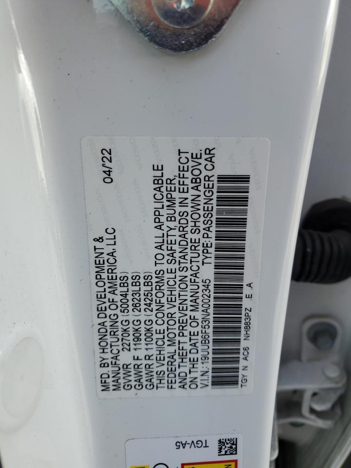 2022 ACURA TLX TECH A VIN:19UUB6F53NA002345