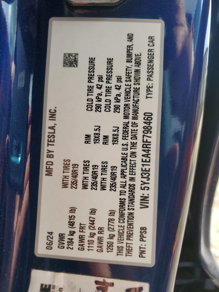 2024 TESLA MODEL 3 VIN:5YJ3E1EA4RF798460