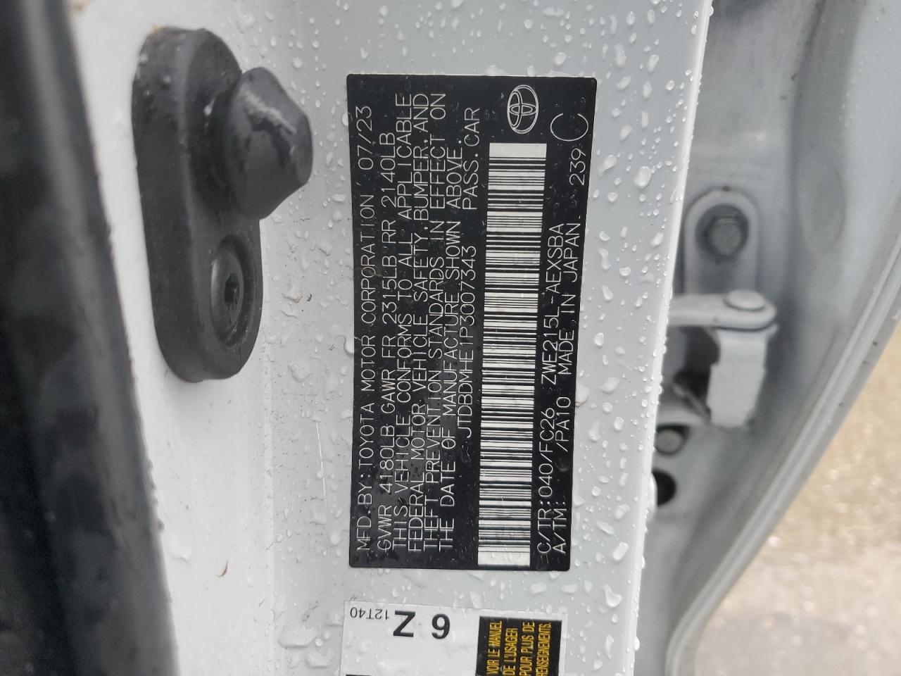 2023 TOYOTA COROLLA LE VIN:JTDBDMHE1P3007343