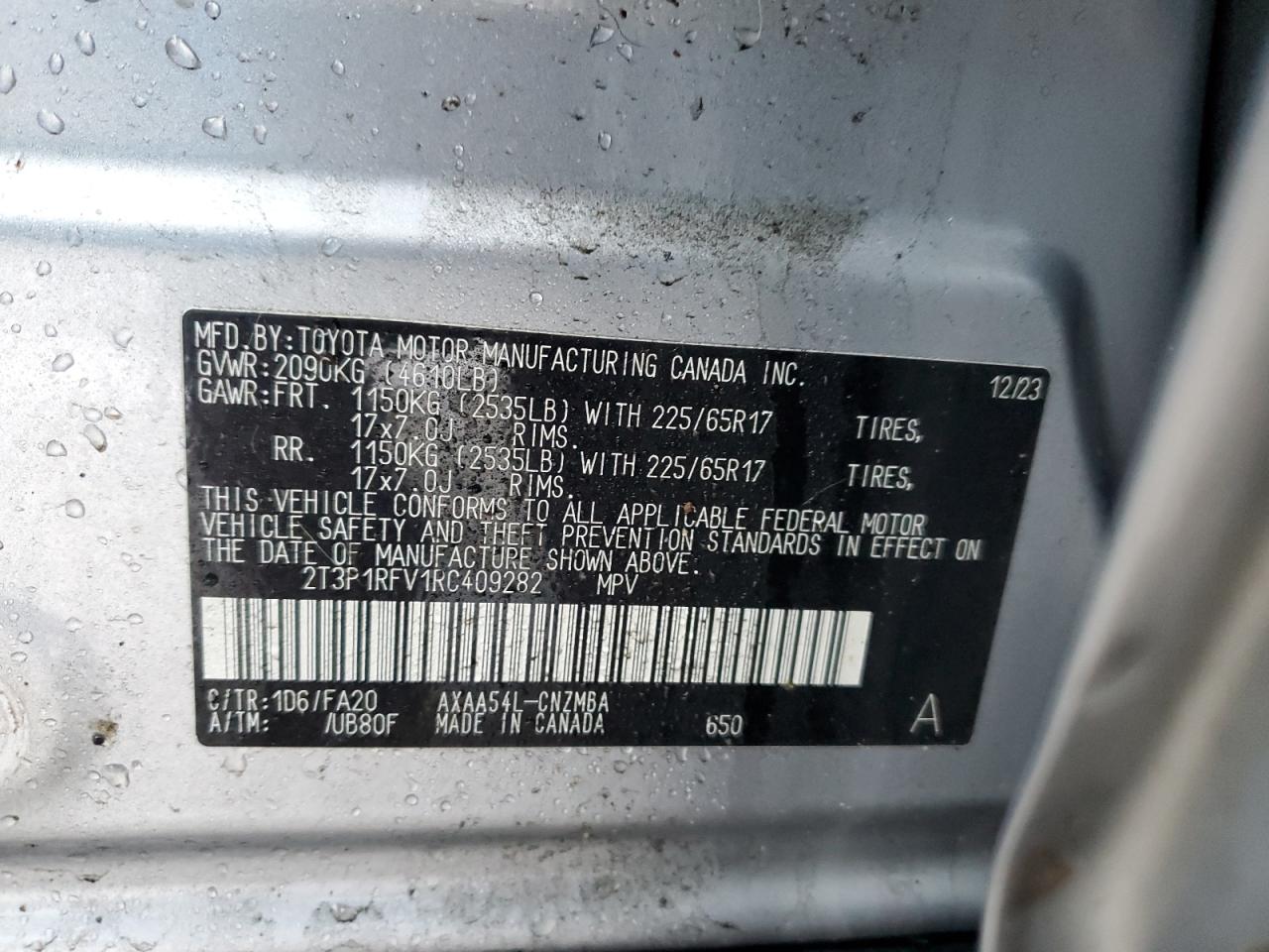 2024 TOYOTA RAV4 XLE VIN:2T3P1RFV1RC409282