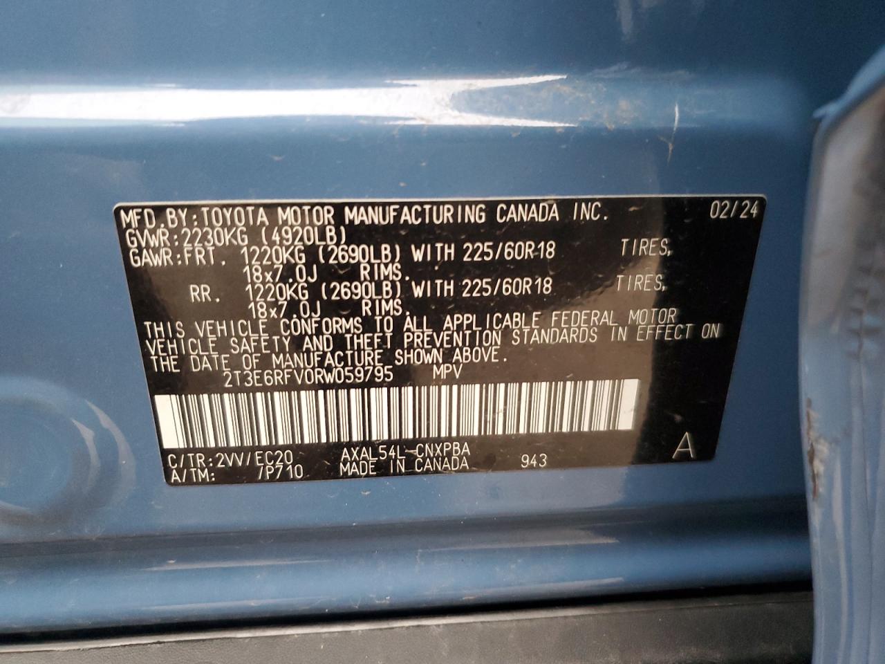 2024 TOYOTA RAV4 XSE VIN:2T3E6RFV0RW059795