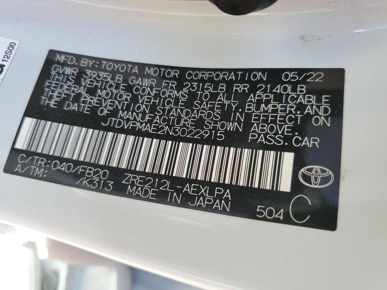 2022 TOYOTA COROLLA LE VIN:JTDVPMAE2N3022915