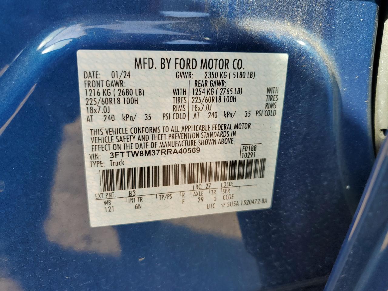 2024 FORD MAVERICK LARIAT VIN:3FTTW8M37RRA40569