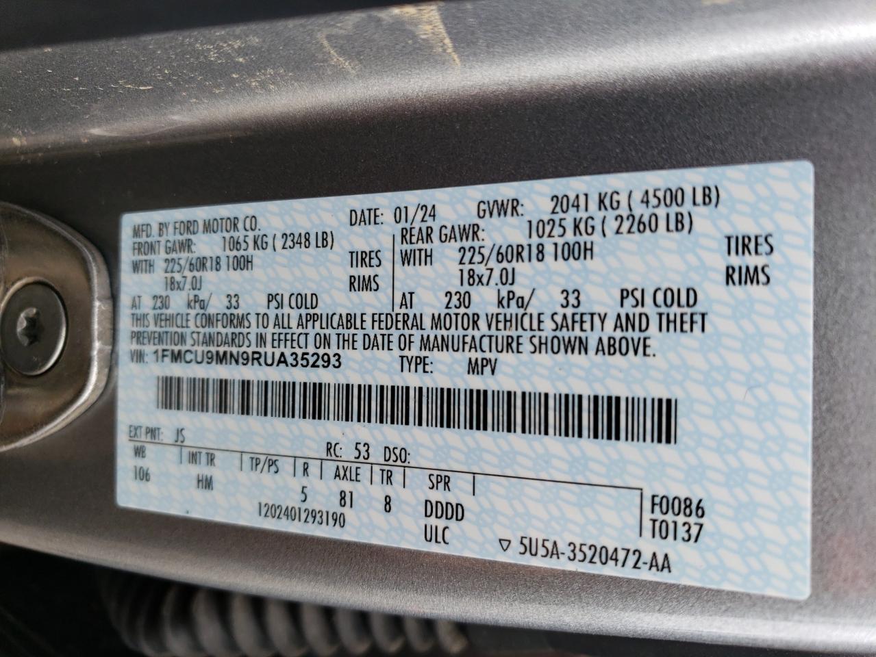 2024 FORD ESCAPE ST LINE VIN:1FMCU9MN9RUA35293