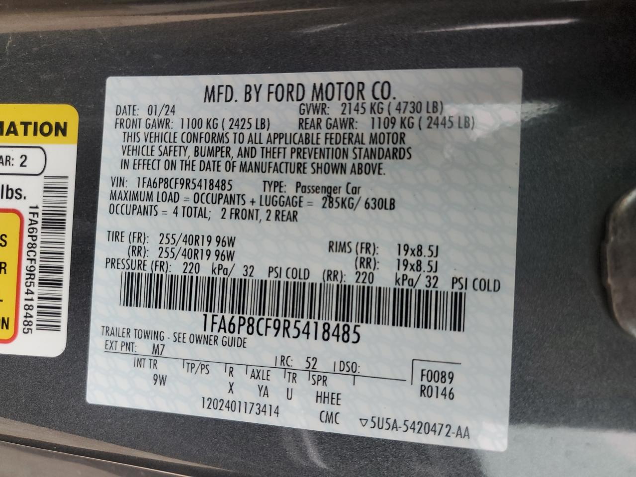 2024 FORD MUSTANG GT VIN:1FA6P8CF9R5418485