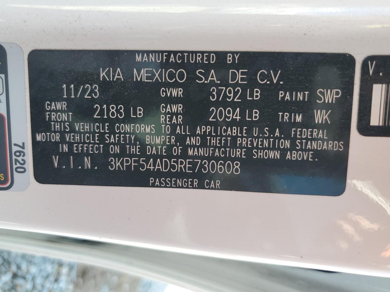 2024 KIA FORTE GT LINE VIN:3KPF54AD5RE730608