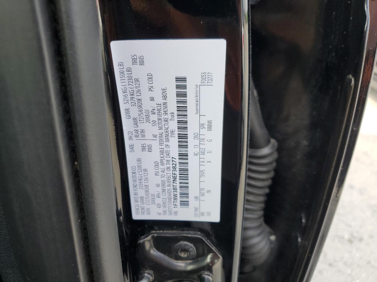 2022 FORD F350 SUPER DUTY VIN:1FT8W3BT7NEF38277