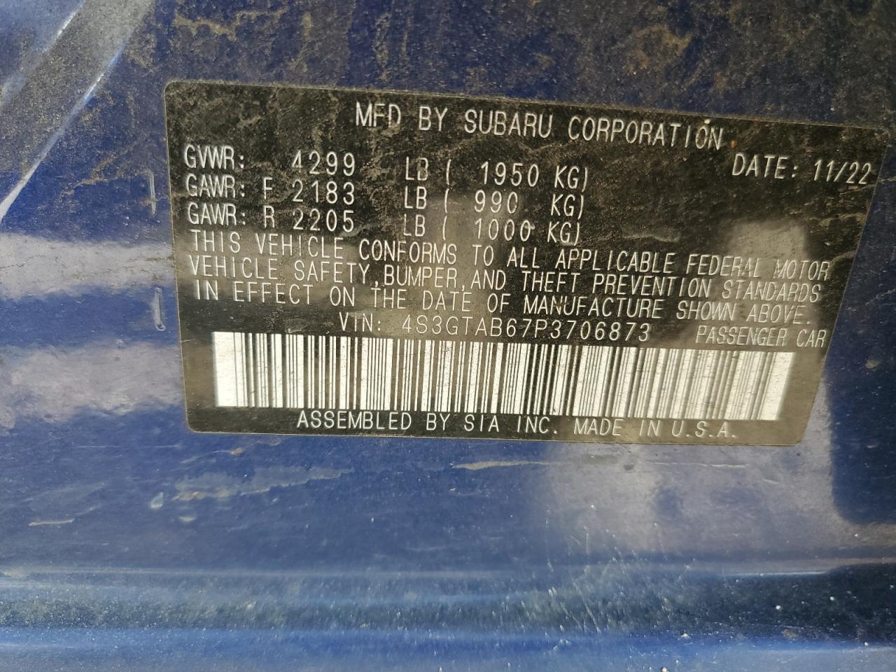 2023 SUBARU IMPREZA VIN:4S3GTAB67P3706873