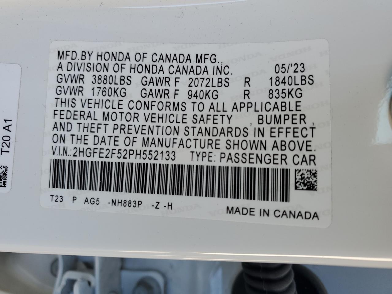 2023 HONDA CIVIC SPORT VIN:2HGFE2F52PH552133