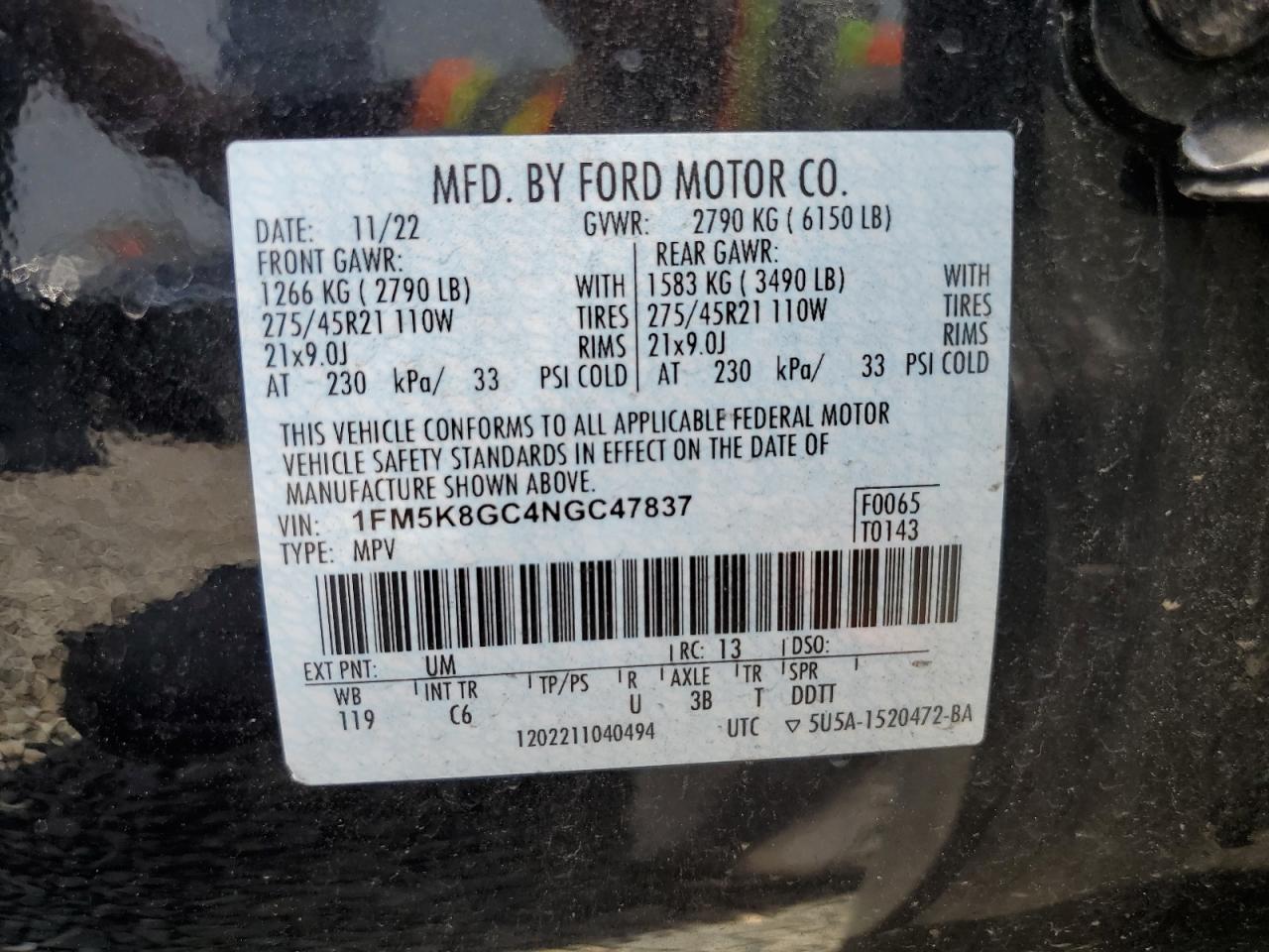 2022 FORD EXPLORER ST VIN:1FM5K8GC4NGC47837
