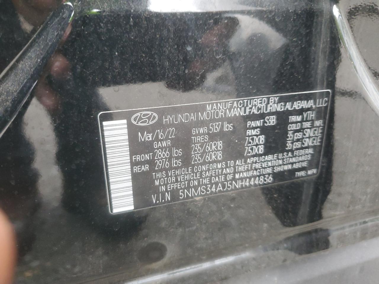 2022 HYUNDAI SANTA FE SEL VIN:5NMS34AJ5NH444836