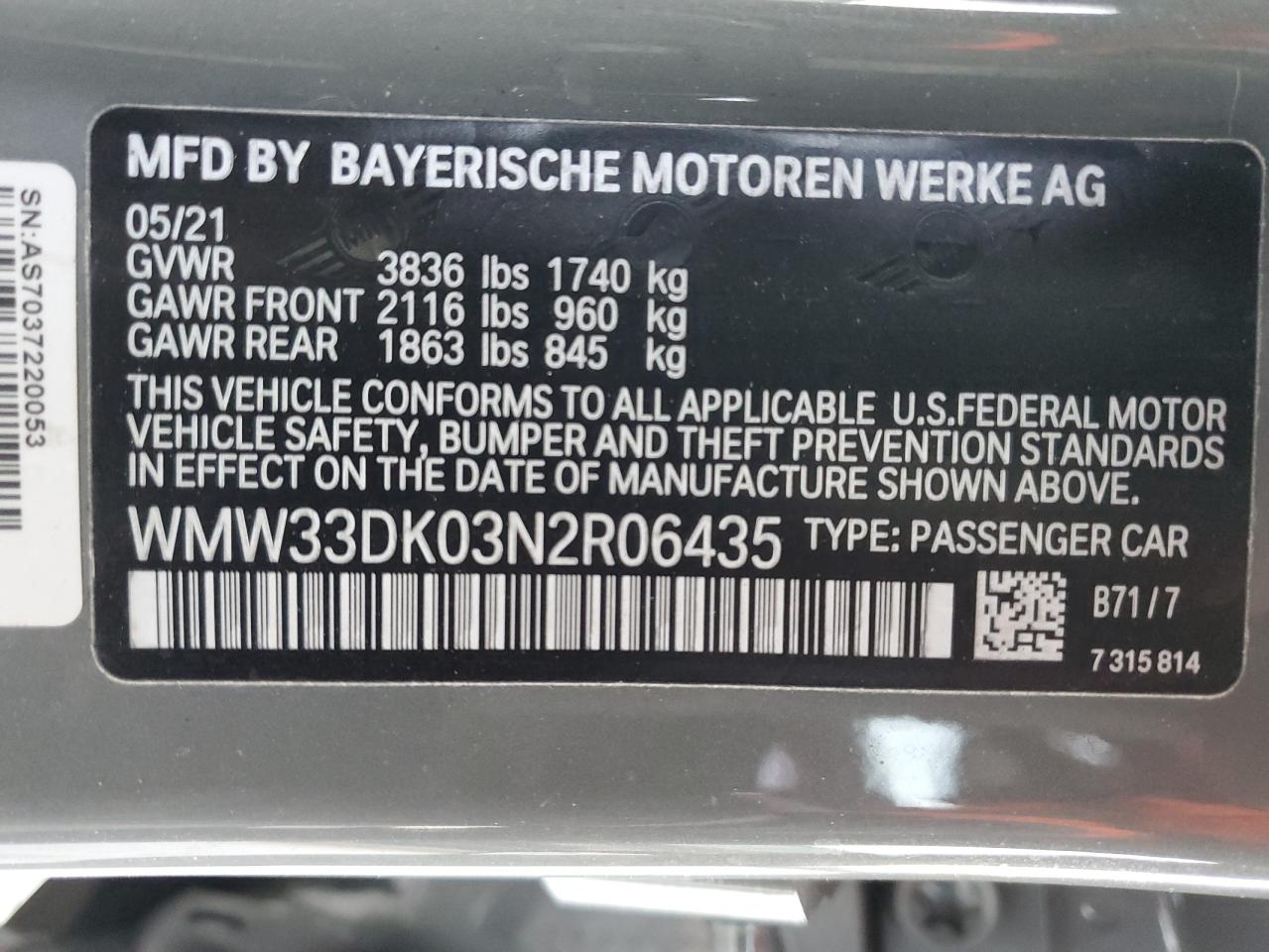 2022 MINI COOPER VIN:WMW33DK03N2R06435