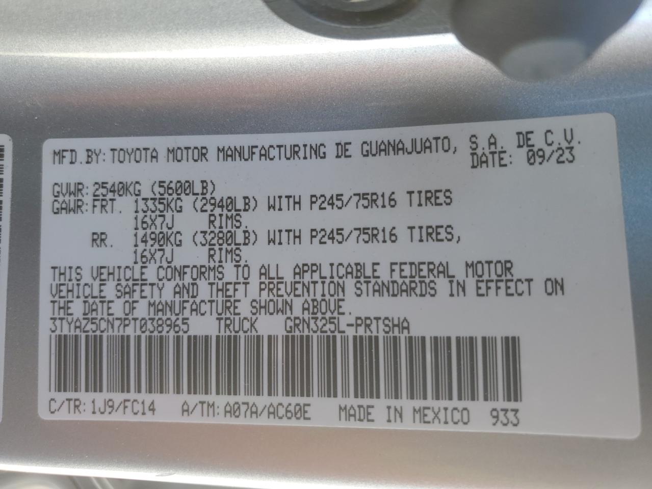2023 TOYOTA TACOMA DOUBLE CAB VIN:3TYAZ5CN7PT038965