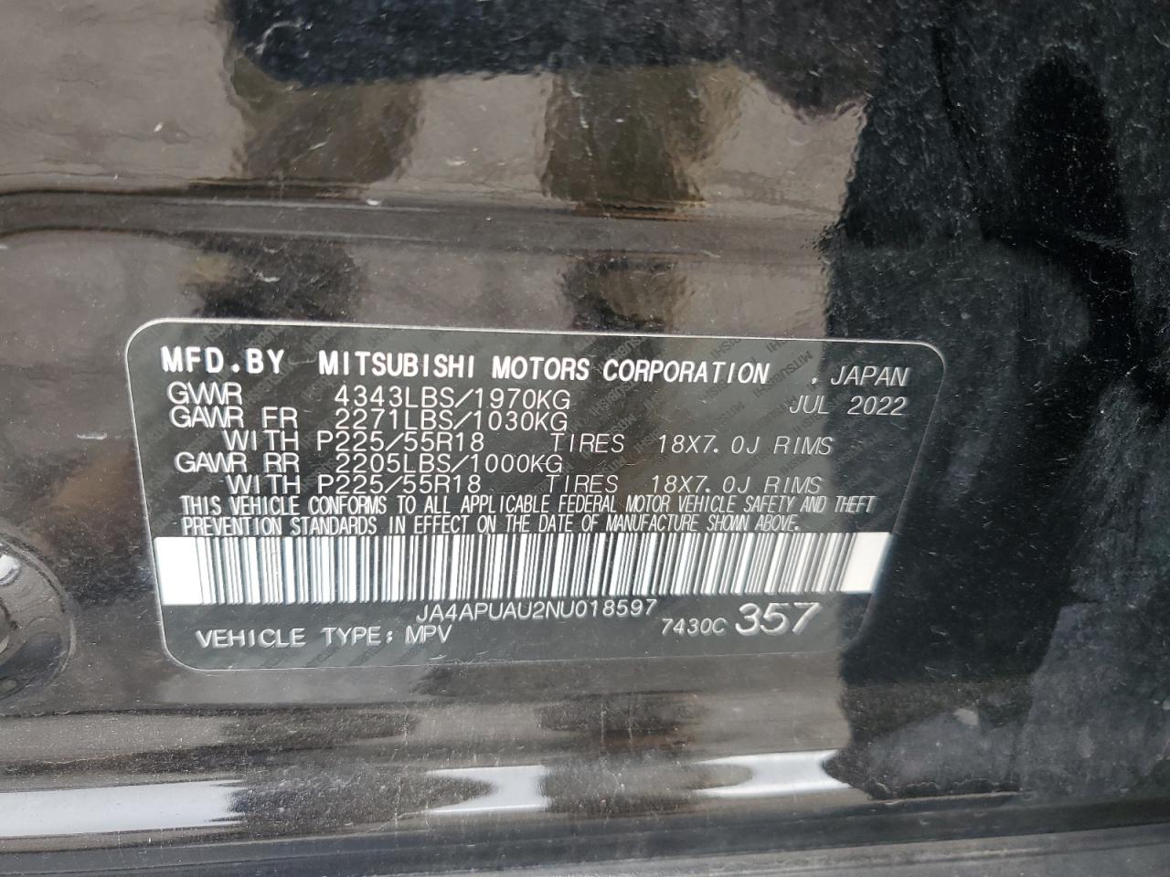 2022 MITSUBISHI OUTLANDER SPORT ES VIN:JA4APUAU2NU018597