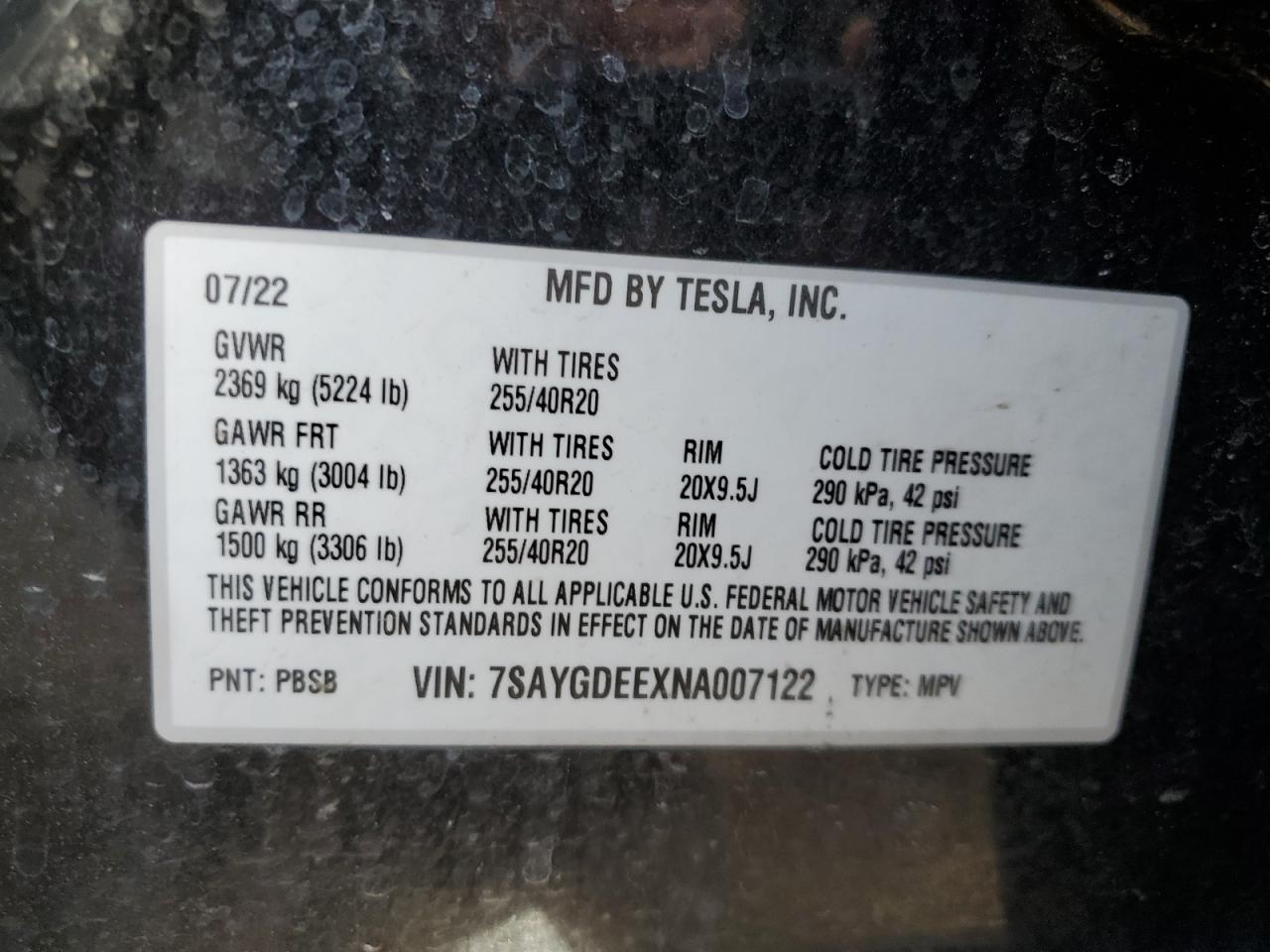 2022 TESLA MODEL Y VIN:7SAYGDEEXNA007122