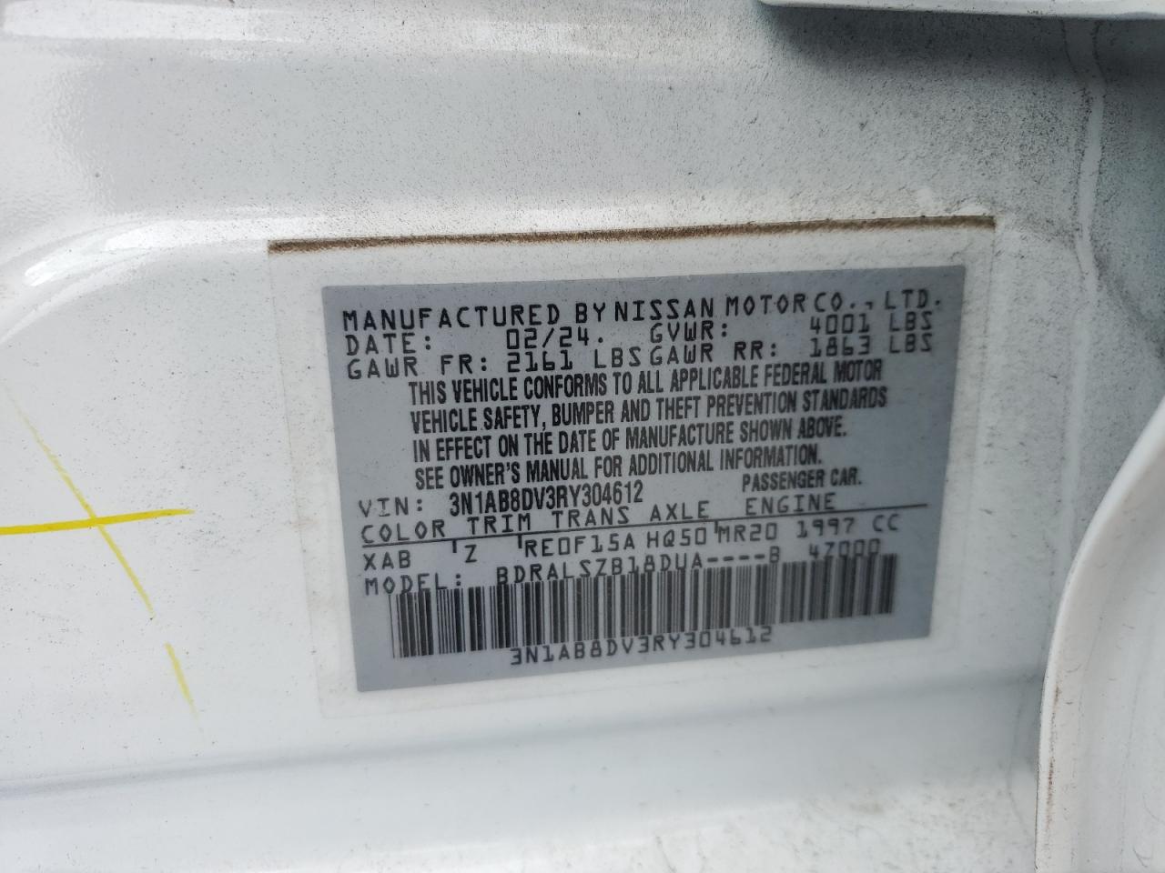 2024 NISSAN SENTRA SR VIN:3N1AB8DV3RY304612