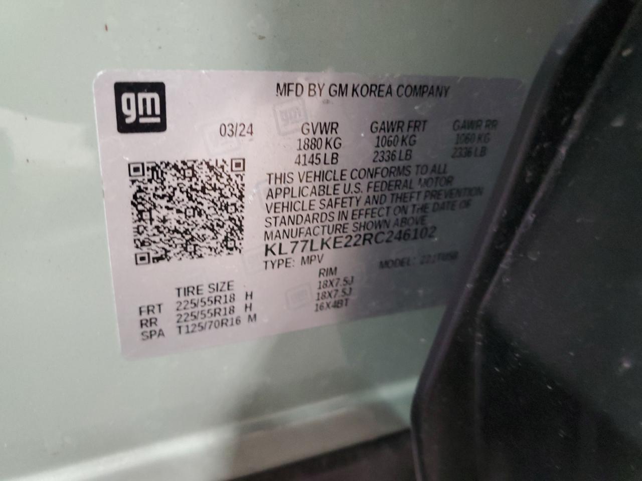 2024 CHEVROLET TRAX ACTIV VIN:KL77LKE22RC246102