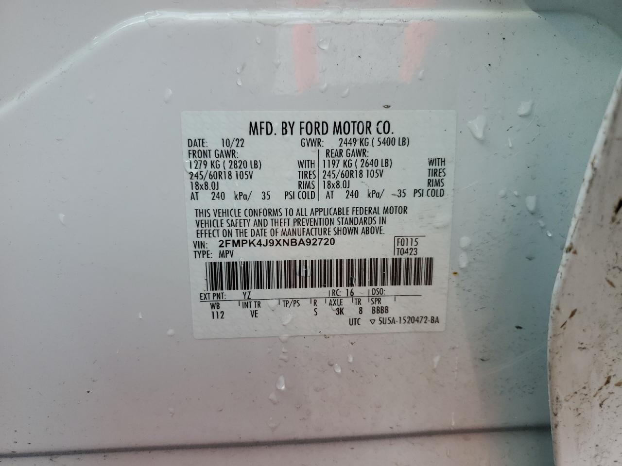 2022 FORD EDGE SEL VIN:2FMPK4J9XNBA92720