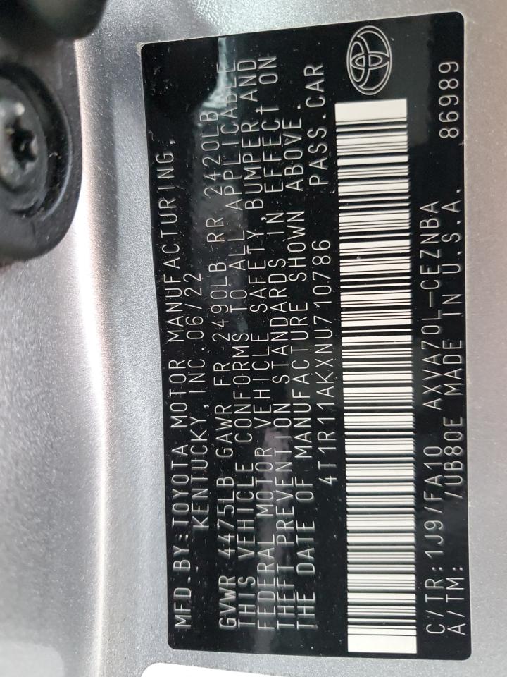 2022 TOYOTA CAMRY LE VIN:4T1R11AKXNU710786
