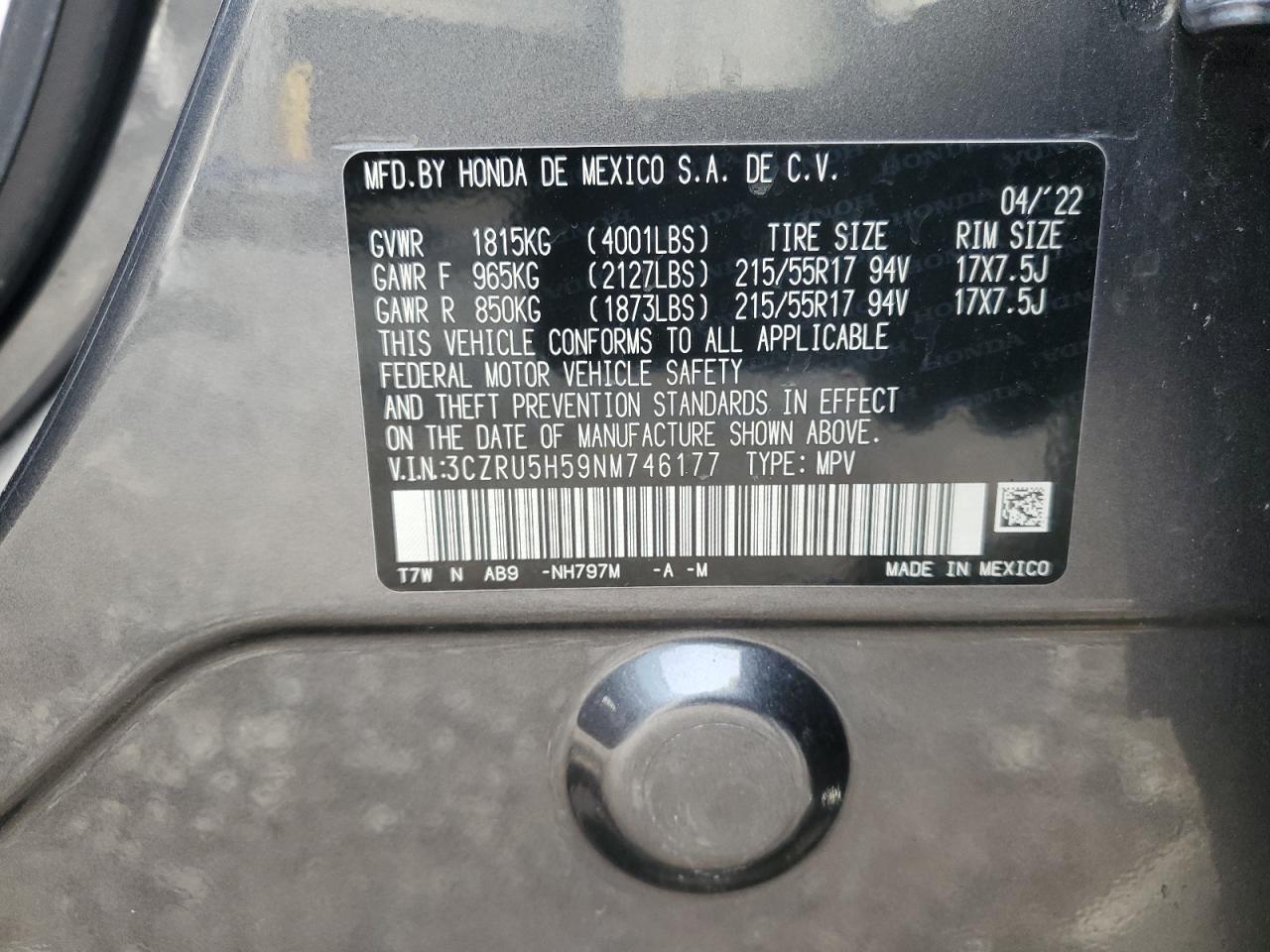 2022 HONDA HR-V EX VIN:3CZRU5H59NM746177