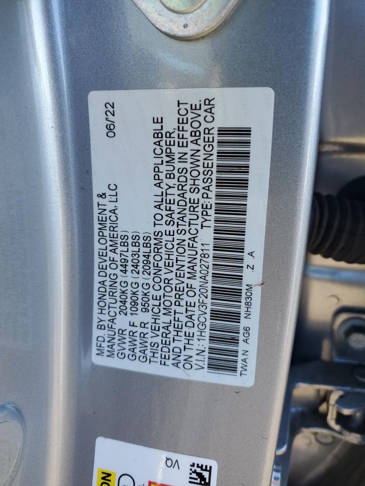 2022 HONDA ACCORD HYBRID SPORT VIN:1HGCV3F20NA027811