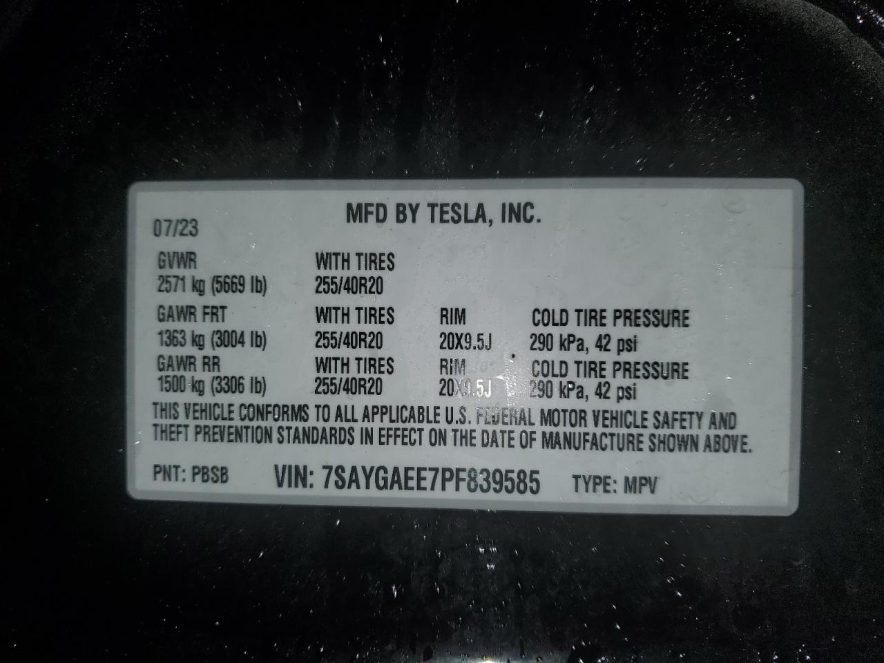 2023 TESLA MODEL Y VIN:7SAYGAEE7PF839585