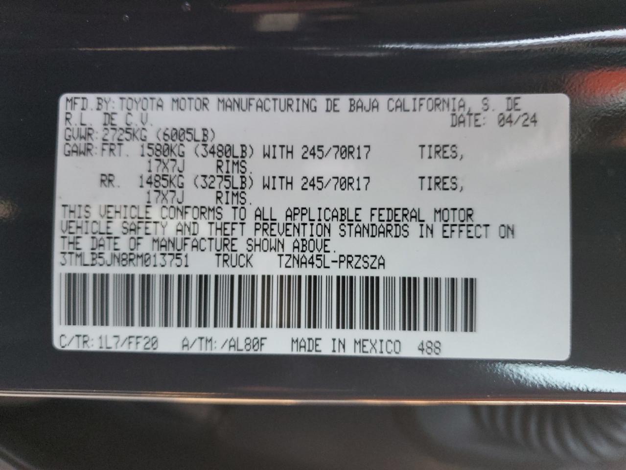 2024 TOYOTA TACOMA DOUBLE CAB VIN:3TMLB5JN8RM013751