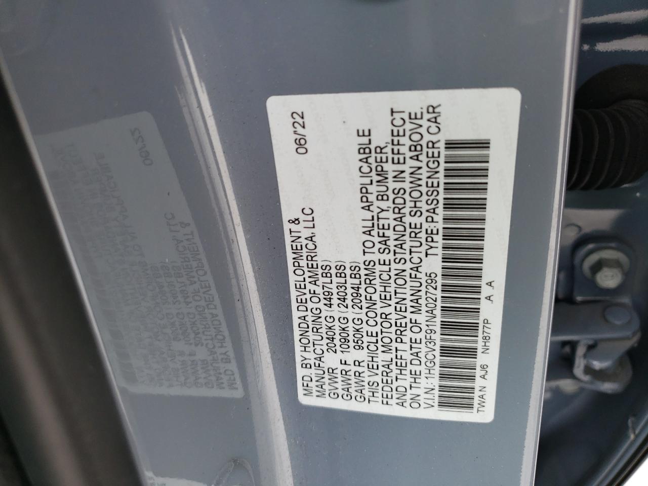 2022 HONDA ACCORD TOURING HYBRID VIN:1HGCV3F91NA027295