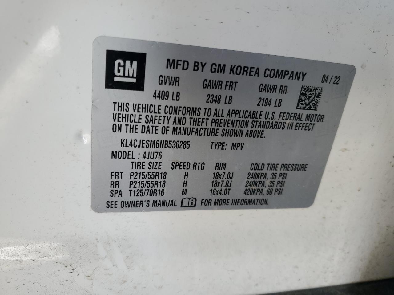 2022 BUICK ENCORE PREFERRED VIN:KL4CJESM6NB536285