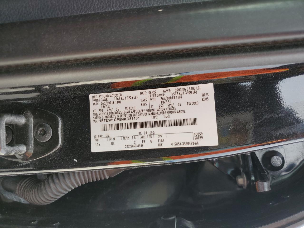 2022 FORD F150 SUPERCREW VIN:1FTEW1CP5NKD88101
