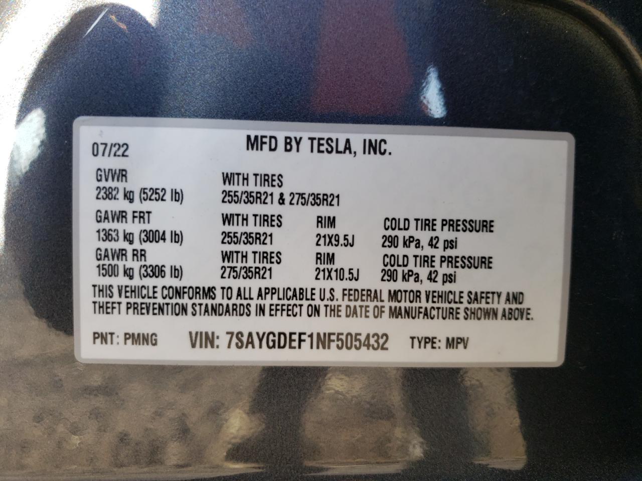 2022 TESLA MODEL Y VIN:7SAYGDEF1NF505432