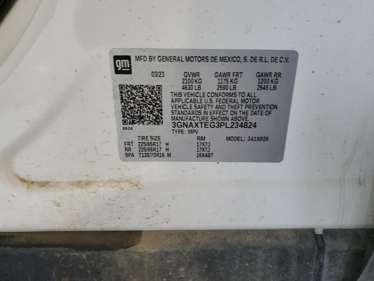 2023 CHEVROLET EQUINOX LT VIN:3GNAXTEG3PL234824