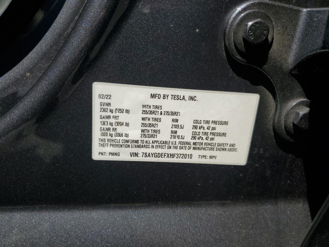2022 TESLA MODEL Y VIN:7SAYGDEFXNF372010