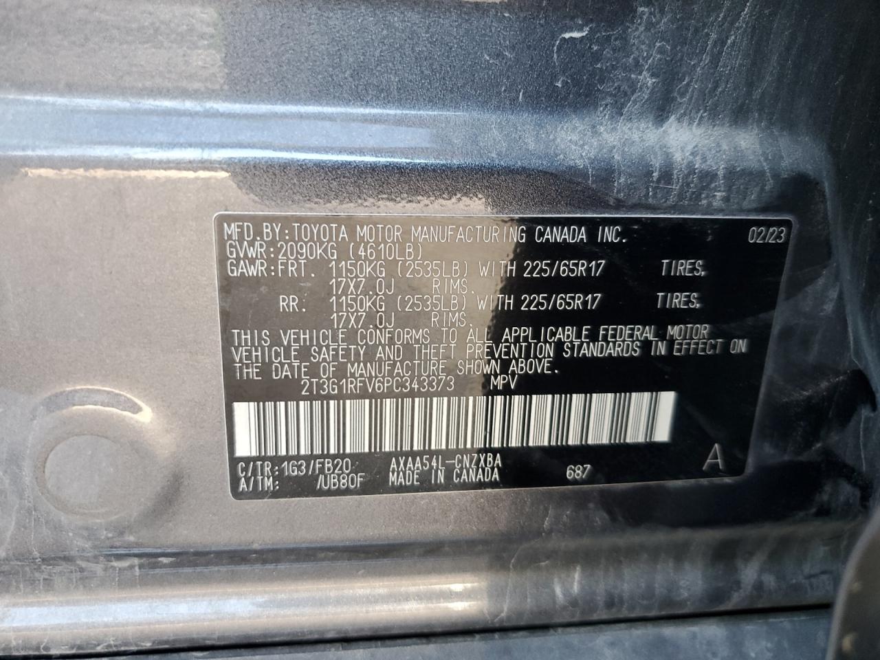 2023 TOYOTA RAV4 LE VIN:2T3G1RFV6PC343373