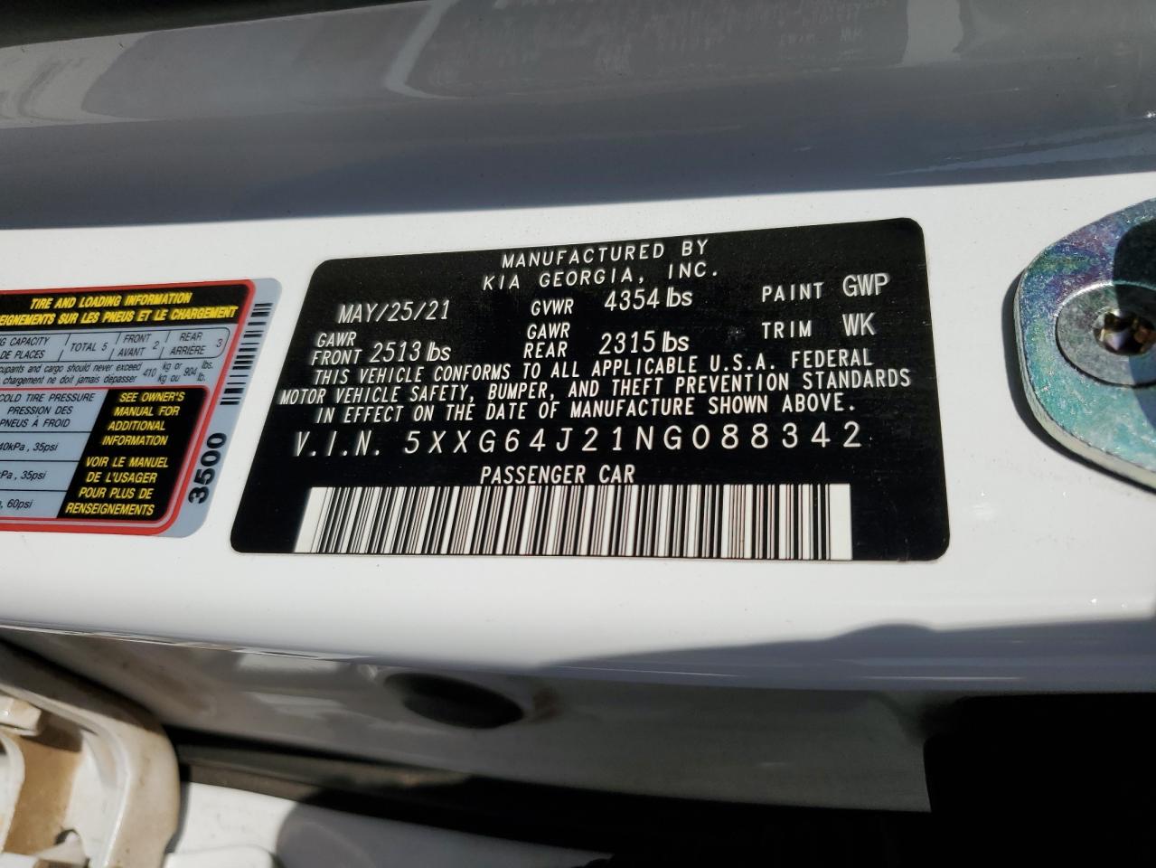 2022 KIA K5 GT LINE VIN:5XXG64J21NG088342