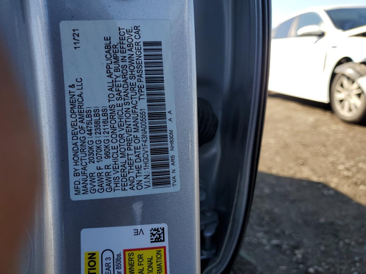 2022 HONDA ACCORD SPORT SE VIN:1HGCV1F43NA005551