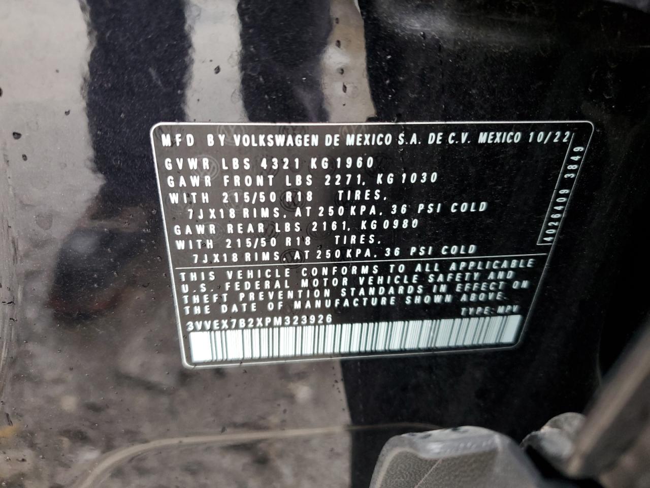 2023 VOLKSWAGEN TAOS SE VIN:3VVEX7B2XPM323926