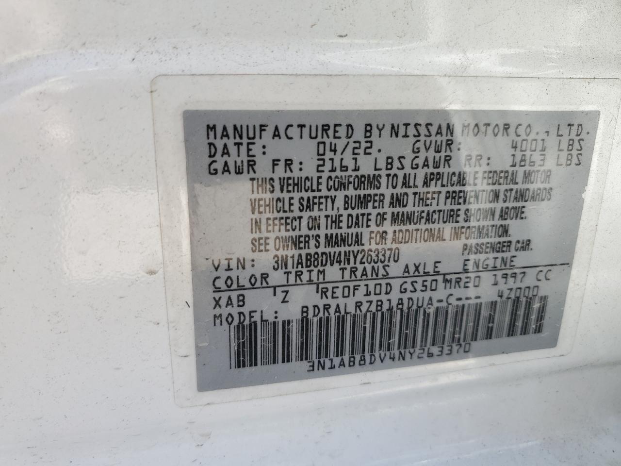 2022 NISSAN SENTRA SR VIN:3N1AB8DV4NY263370